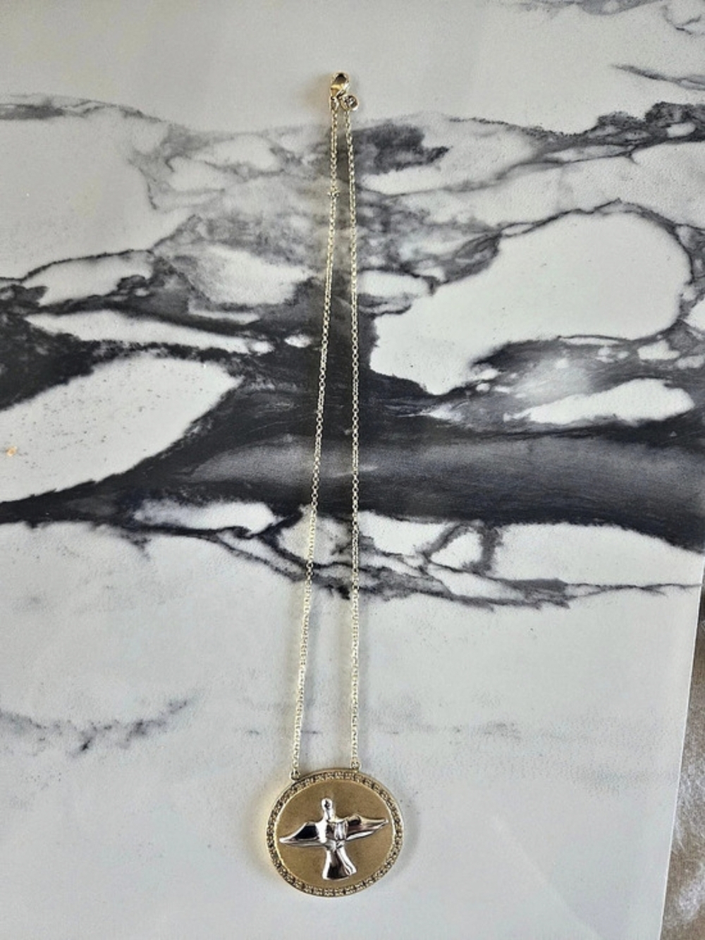Gold-Tone Dove Medal Pendant Necklace Crystal Halo Sanctuary Bird